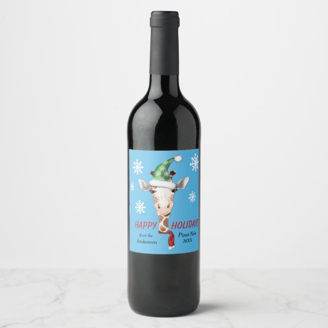 Étiquette Pour Bouteilles De Vin Giraffe de Santa Hat Flocon de neige (Devant)