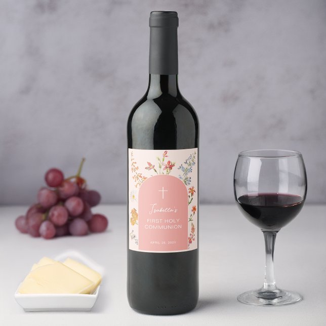 Étiquette Pour Bouteilles De Vin Girl First Communion Pink Arch Wildflowers Floral  (Créateur téléchargé)