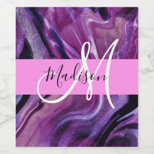 Étiquette Pour Bouteilles De Vin Glam Abstrait Purple Shimmer Texture Pink Monogram