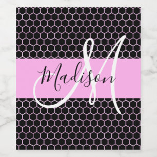 Étiquette Pour Bouteilles De Vin Glam Black Metallic Rose Honeycomb Nom du monogram