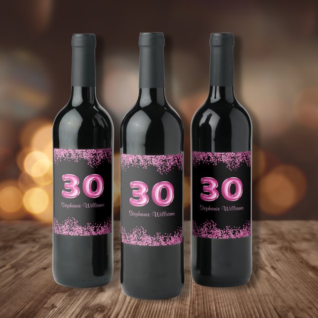 Étiquette Pour Bouteilles De Vin Glam Black Pink Foil 30e fête d'anniversaire (Personalize with name or other text.  Matching items available in the collection)