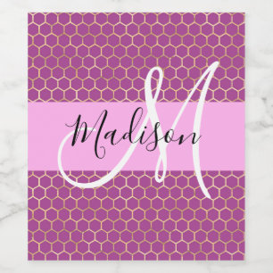 Étiquette Pour Bouteilles De Vin Glam Fuchsia Métallisé Rose Nid d'abeille Monogram