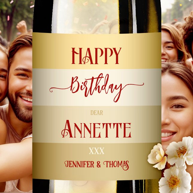 Étiquette Pour Bouteilles De Vin Glam Gold Elegant rayé Anniversaire (Wine label with a modern glam striped design in tan gold. Beautiful for a birthday)