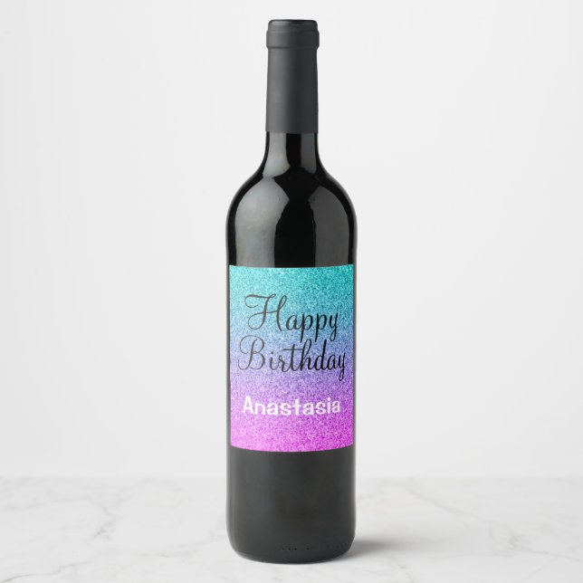 Étiquette Pour Bouteilles De Vin Glam Joyeux Anniversaire Ombre rose bleu violet Pa (Devant)