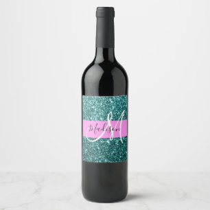 Étiquette Pour Bouteilles De Vin Glam Pink Turquoise Parties scintillant verte Nom
