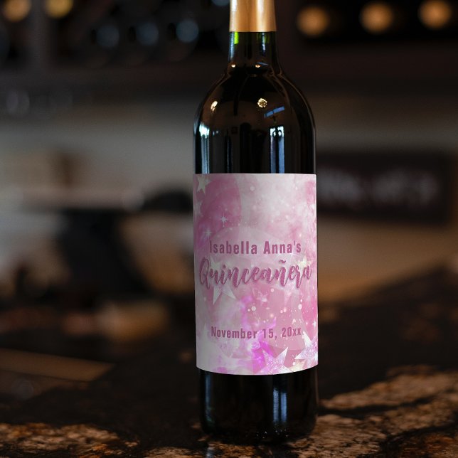 Étiquette Pour Bouteilles De Vin Glam rose moderne étincelant Starry Quinceañera (Créateur téléchargé)