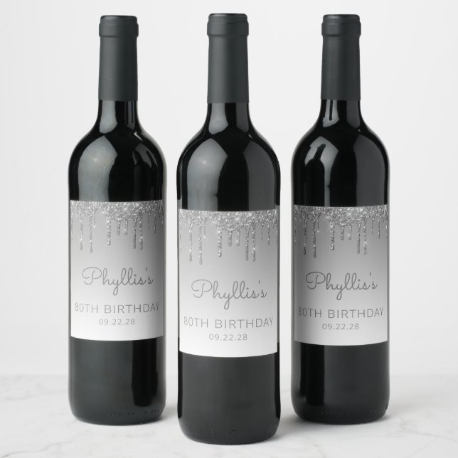Étiquette Pour Bouteilles De Vin Glam Silver Parties scintillant Drip 80th Birthday (Bouteilles)