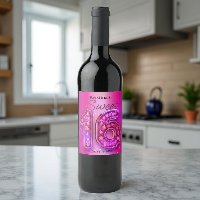 Étiquette Pour Bouteilles De Vin Glamour étincelant rose chaud Gemstone Sweet 16 (Créateur téléchargé)
