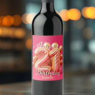 Étiquette Pour Bouteilles De Vin Glamour rose et or rayé 21e anniversaire