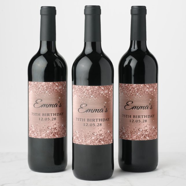 Étiquette Pour Bouteilles De Vin Glittery Rose Gold Foil 75e anniversaire (Bouteilles)