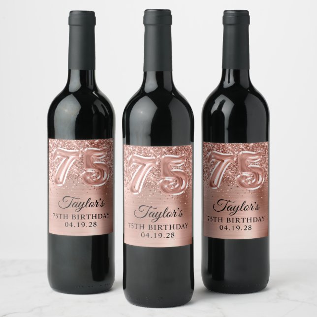 Étiquette Pour Bouteilles De Vin Glittery Rose Gold Foil Numéro 75 Anniversaire (Bouteilles)