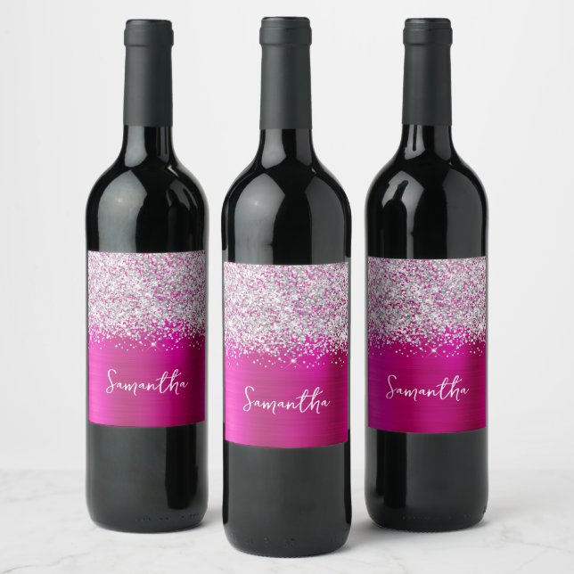 Étiquette Pour Bouteilles De Vin Glittery Silver Hot Pink Glam Nom du script (Bouteilles)