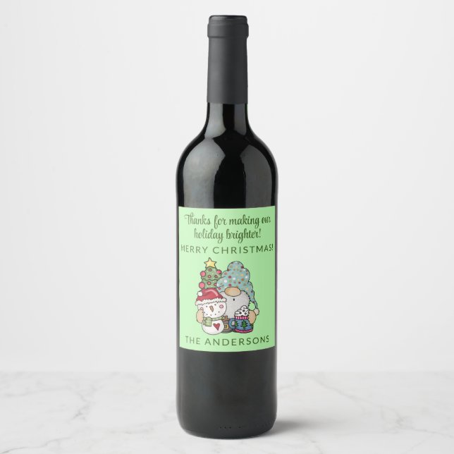 Étiquette Pour Bouteilles De Vin Gnome de fête Bonhomme de neige Joyeux Noël Fête (Devant)