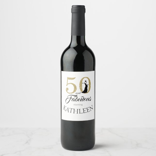 Étiquette Pour Bouteilles De Vin Gold 50 et fabuleux fête d'anniversaire Nom person (Devant)