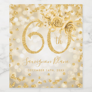 Étiquette Pour Bouteilles De Vin Gold 60e anniversaire Floral Glam Lights