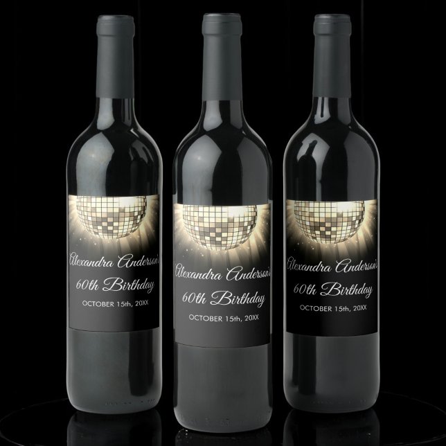 Étiquette Pour Bouteilles De Vin Gold Black 60th Birthday Party 70's Disco Ball (Créateur téléchargé)