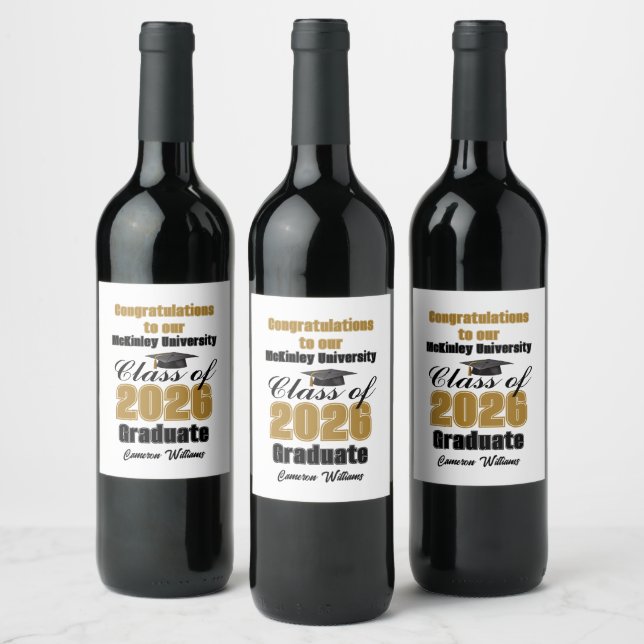 Étiquette Pour Bouteilles De Vin Gold Black Class of 2026 Graduation Party Custom (Bouteilles)