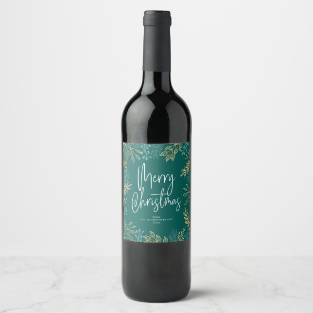 Étiquette Pour Bouteilles De Vin Gold Christmas Green sur Turquoise (Devant)