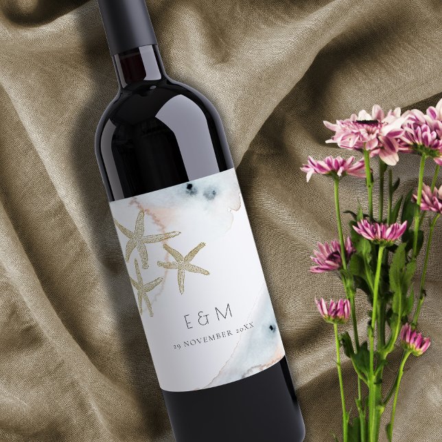 ÉTIQUETTE POUR BOUTEILLES DE VIN GOLD DUSKY BLUE BEACHING STARFISH MONOGRAM MARIAGE (Créateur téléchargé)