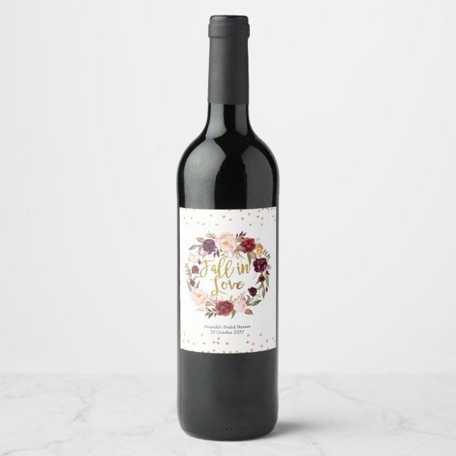 Étiquette Pour Bouteilles De Vin Gold et Rouge Marsala Floral Chute en Amour (Devant)
