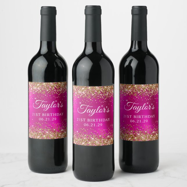 Étiquette Pour Bouteilles De Vin Gold Glitter Hot Pink Foil 21st Birthday (Bouteilles)
