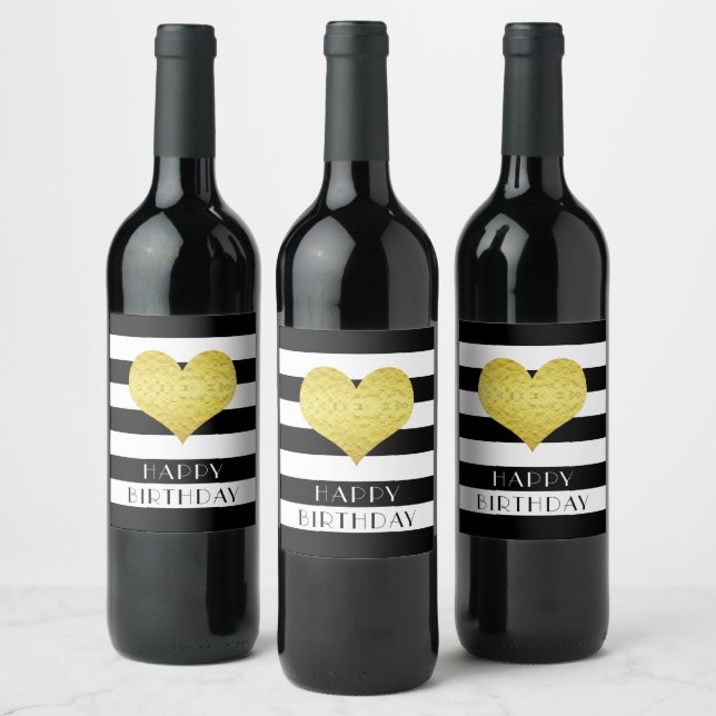 Étiquette Pour Bouteilles De Vin Gold Heart Black White Stripe Joyeux anniversaire (Bouteilles)