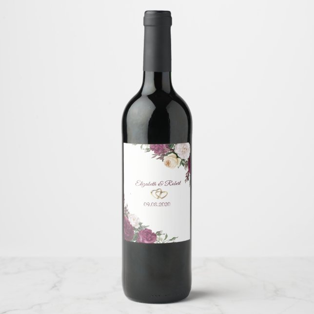 Étiquette Pour Bouteilles De Vin Gold Hearts Bourgogne Floral Mariage (Devant)