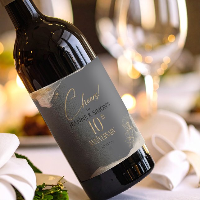 Étiquette Pour Bouteilles De Vin Gold Line Floral 10th Anniversary Cheers ID1169 (Créateur téléchargé)