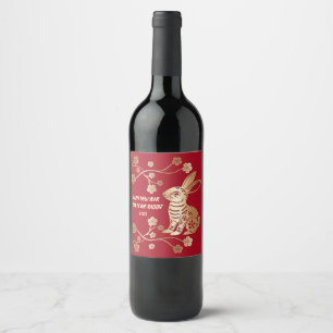 Étiquette Pour Bouteilles De Vin Golden Floral Chinois Nouvel An du lapin 2023 Roug