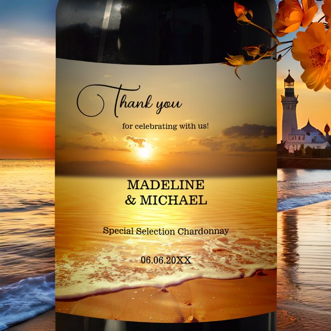 Étiquette Pour Bouteilles De Vin Golden Sunset Beach Destination Mariage Vin Étique (Wine label featuring a golden sunset at the beach)