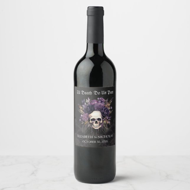 Étiquette Pour Bouteilles De Vin Gothique Floral Crâne Halloween Mariage Vin Étique (Devant)