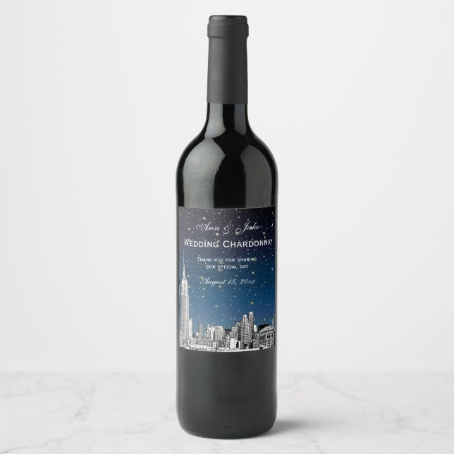 Étiquette Pour Bouteilles De Vin Gradient bleu étoilé NYC Skyline Etché BG (Devant)