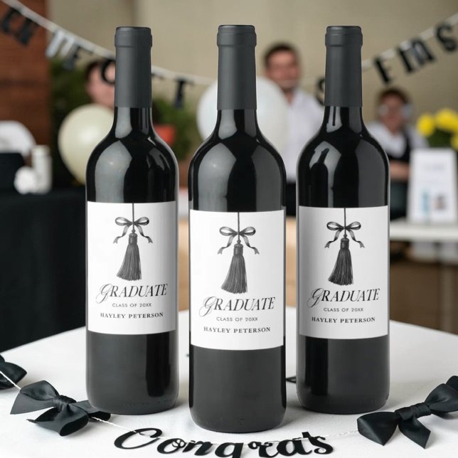 Étiquette Pour Bouteilles De Vin Graduate Black Bow Tassel Graduation Favors (Créateur téléchargé)