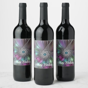 Étiquette Pour Bouteilles De Vin Grande Fleur colorée Abstraite Trippy Fractal Art