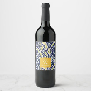 Étiquette Pour Bouteilles De Vin Gras bleu jaune Abstrait Ikat Monogramme