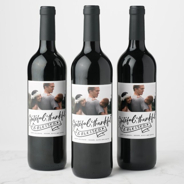 Étiquette Pour Bouteilles De Vin Grateful Thankful Blessed Photo Christmas (Bouteilles)