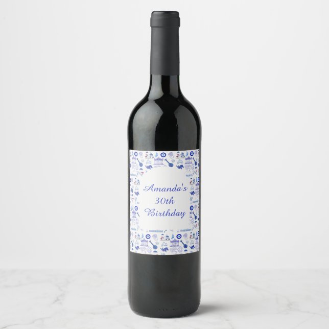 Étiquette Pour Bouteilles De Vin Grèce Bleu et Blanc (Devant)