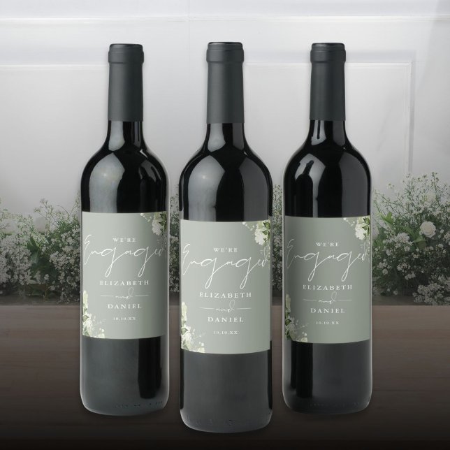 Étiquette Pour Bouteilles De Vin Green Floral Sage Green Engagement Party (Greenery Floral Sage Green Engagement Party Wine Label)