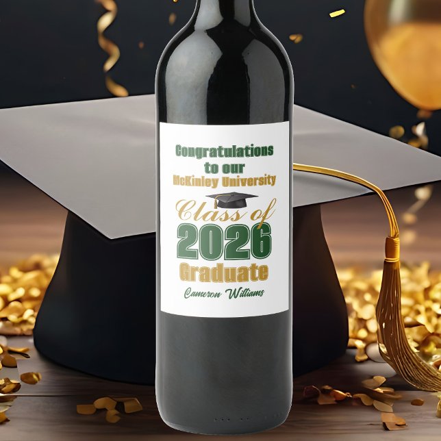 Étiquette Pour Bouteilles De Vin Green Gold Class of 2026 Custom Graduation Party (Créateur téléchargé)