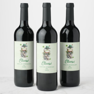 Étiquette Pour Bouteilles De Vin Grenouille avec chapeau vert et trèfle Cheers mign