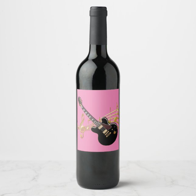 Étiquette Pour Bouteilles De Vin Guitare noire en rose (Devant)