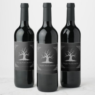 Étiquette Pour Bouteilles De Vin Halloween de l'arbre Éffrayant argenté
