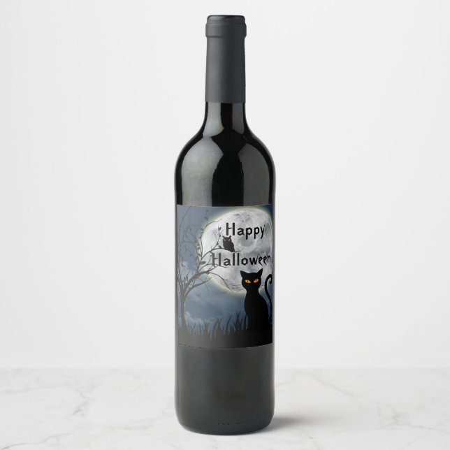 Étiquette Pour Bouteilles De Vin Halloween graphique de la lune de Chat Noir mignon (Devant)