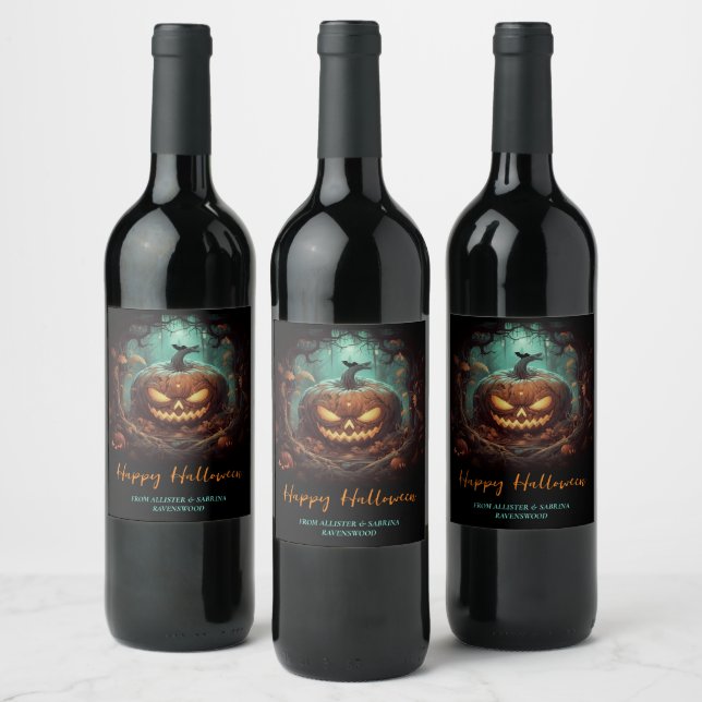 Étiquette Pour Bouteilles De Vin Halloween Jack-o'-lantern effrayant (Bouteilles)