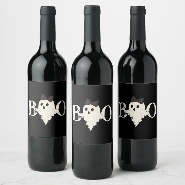 Étiquette Pour Bouteilles De Vin Halloween mignonne - Fantôme "Boo" avec Bow - (Bouteilles)