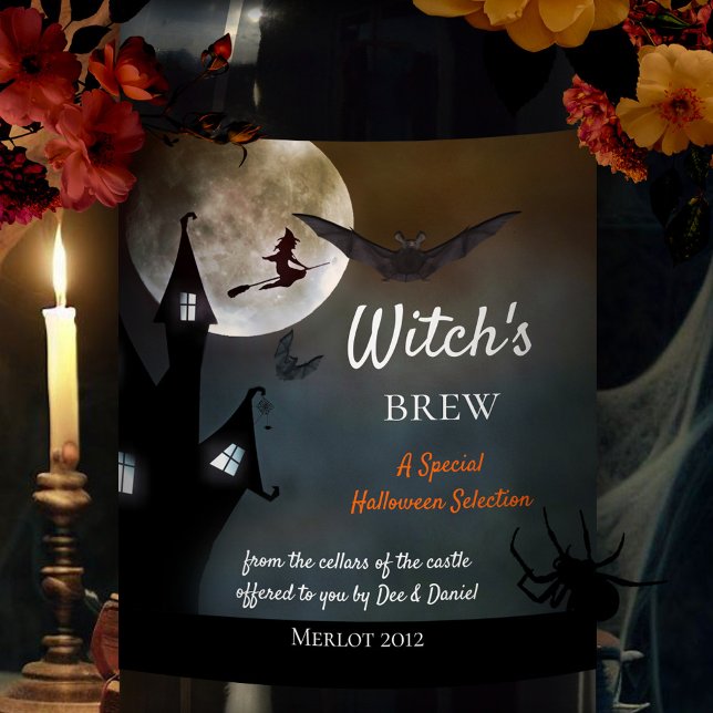 Étiquette Pour Bouteilles De Vin Halloween sorcières brasser le Étiquette de vin (Halloween wine label featuring a witch flying through the night at full moon - with bat and castle)
