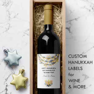Étiquette Pour Bouteilles De Vin Hanoukka heureuse en bleu et en or