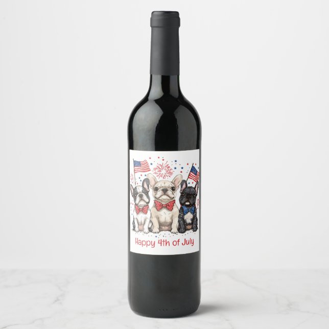 Étiquette Pour Bouteilles De Vin Happy 4 juillet Bulldogs français (Devant)