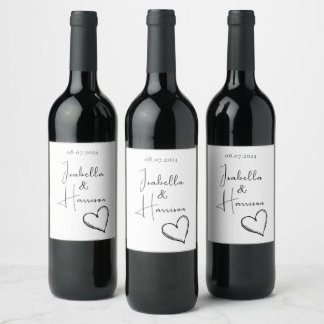 Étiquette Pour Bouteilles De Vin Happy Couple mariage Coeur noir et blanc