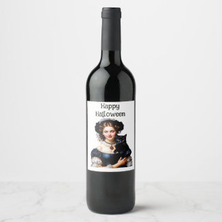 Étiquette Pour Bouteilles De Vin Happy Halloween Beautiful Witch And Her Black Cat